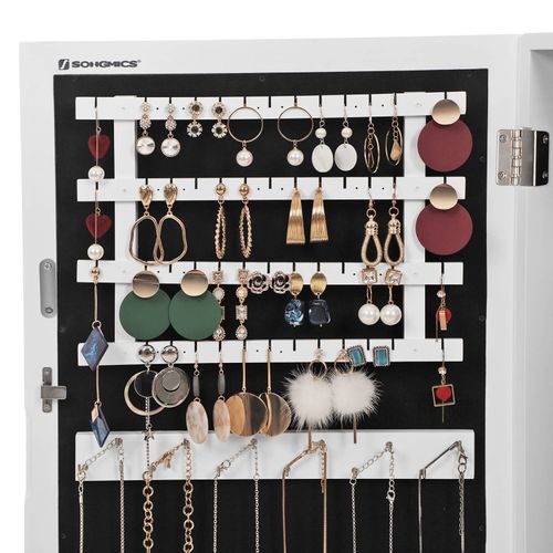 SONGMICS Lockable Jewelry Cabinet Armoire with Mirror, Wall-Mounted Space Saving Jewelry Storage Organizer White UJJC51WT